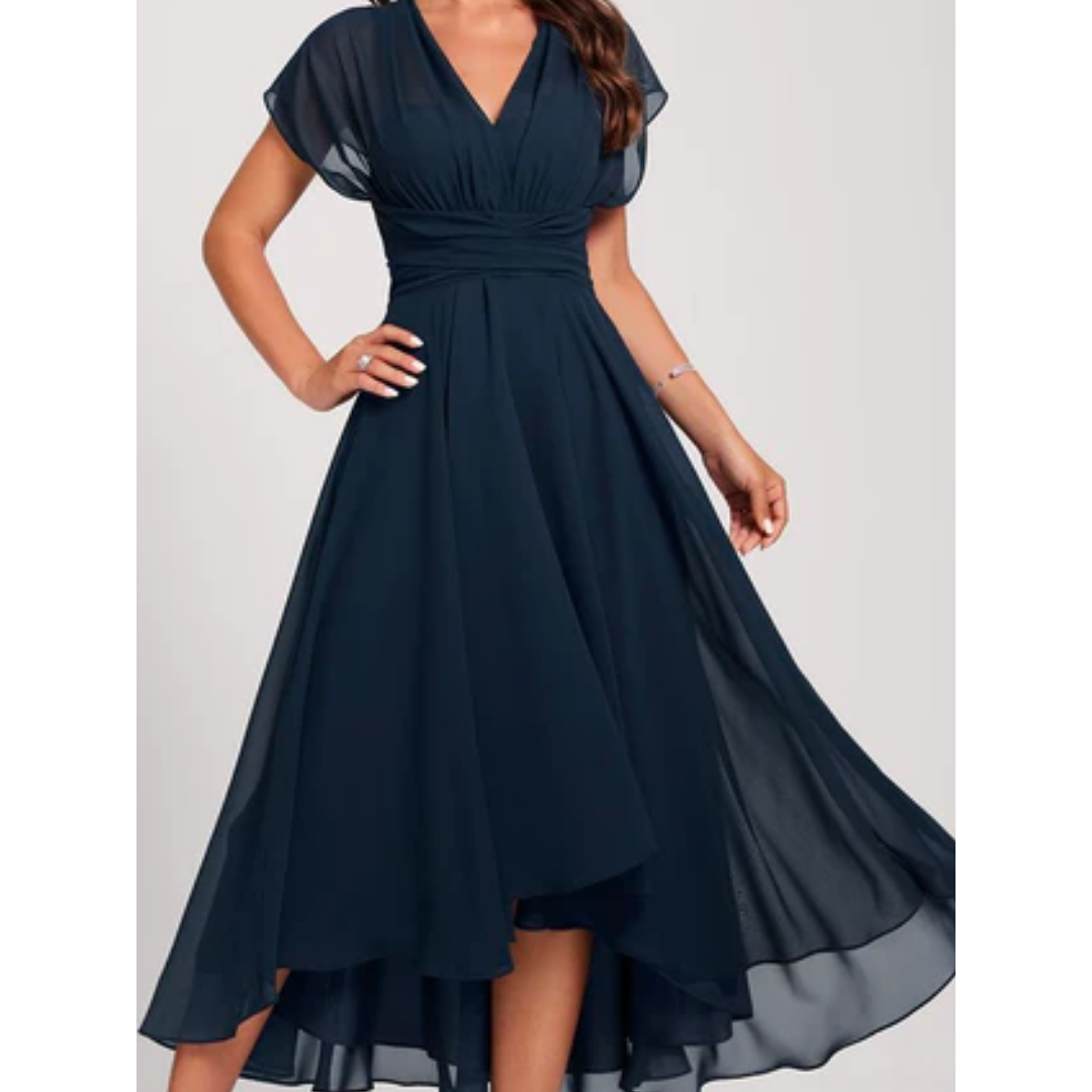 Damen V Ausschnitt Kurze Ärmel Elegante Kleid | Midi