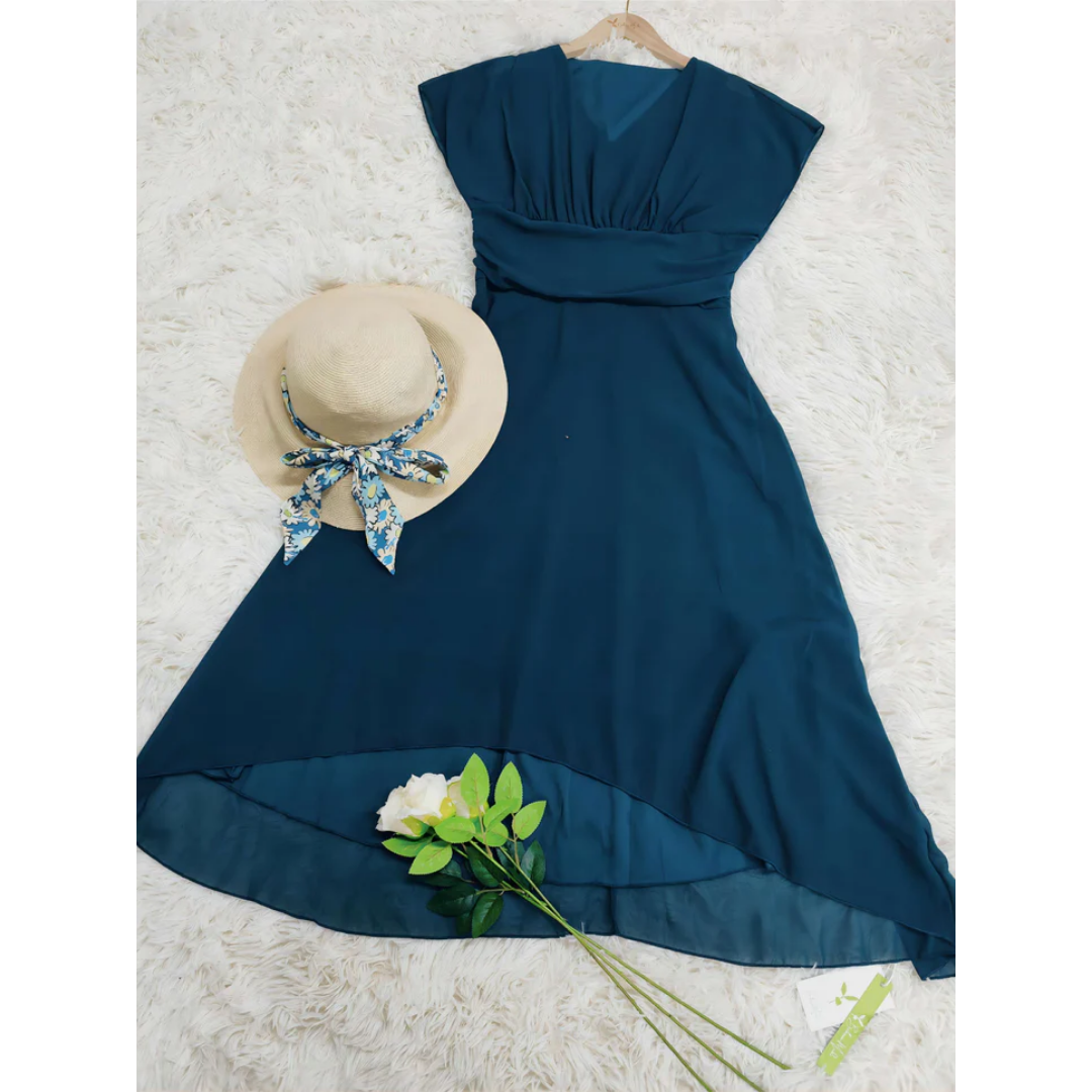 Damen V Ausschnitt Kurze Ärmel Elegante Kleid | Midi