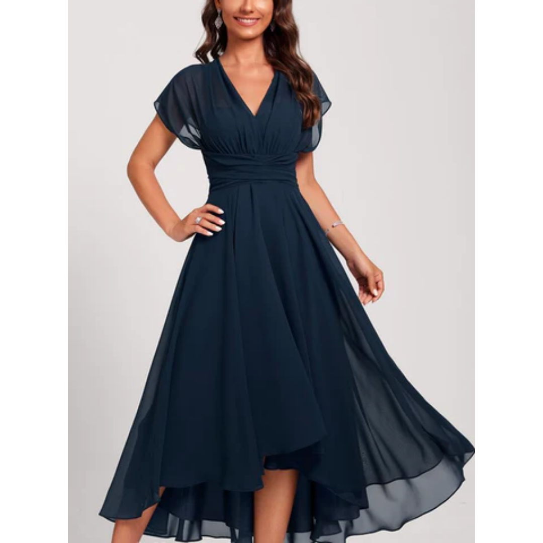 Damen V Ausschnitt Kurze Ärmel Elegante Kleid | Midi