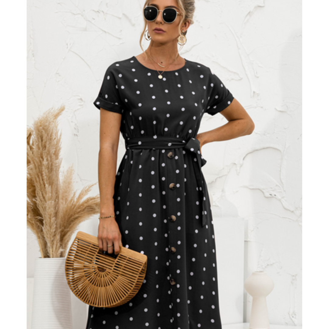 Damen Rundhalsausschnitt Polka Dot Kleid | Midi
