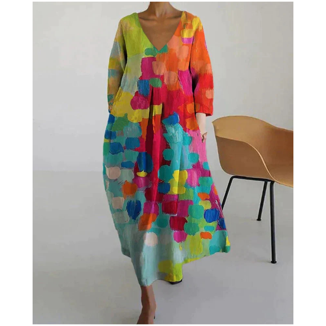 Damen V Ausschnitt Buntes Kleid | Midi