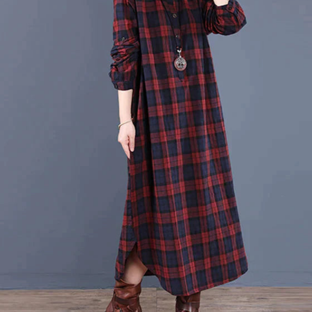 Damen Langärmeliges kariertes Hemd Kleid | Maxi