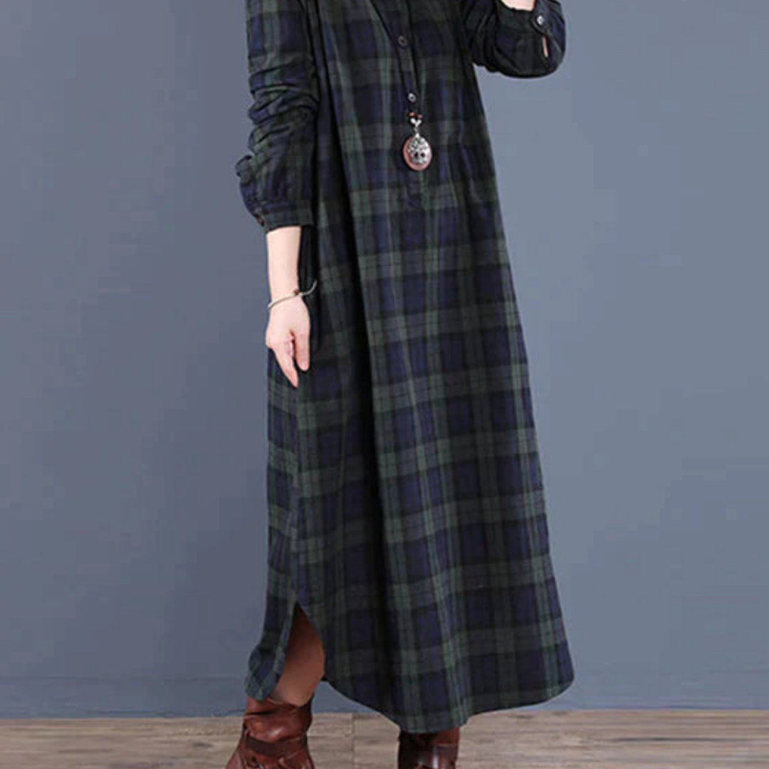 Damen Langärmeliges kariertes Hemd Kleid | Maxi