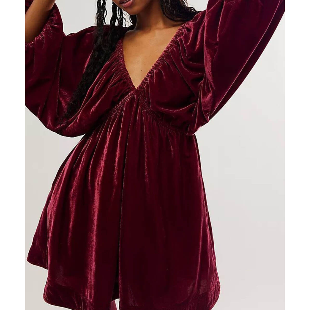 Damen V Ausschnitt Puffärmel Winterkleid | Mini