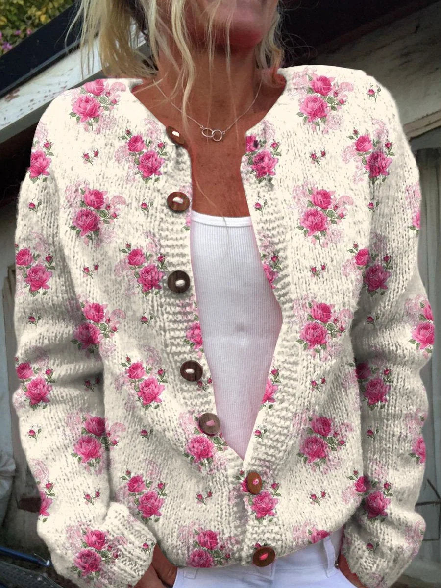 Viktorija™ - Vintage Strickjacke mit Blumen kunst druck