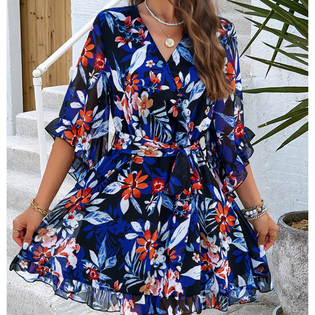Damen Blumen V Ausschnitt Glockenärmeln Kleid | Mini
