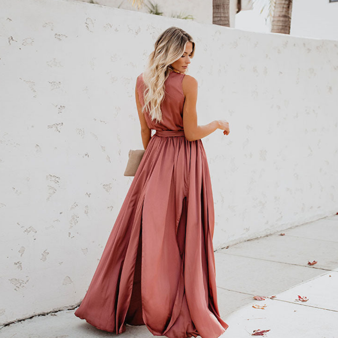 Damen Ärmellos Taille Krawatte Schlitz Kleid | Maxi