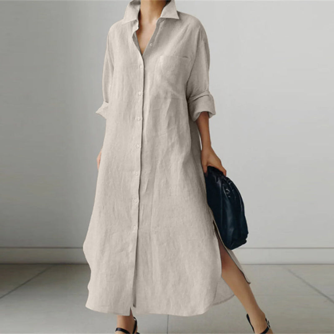 Damen V Ausschnitt Knopf Daunen Hemd Kleid | Maxi
