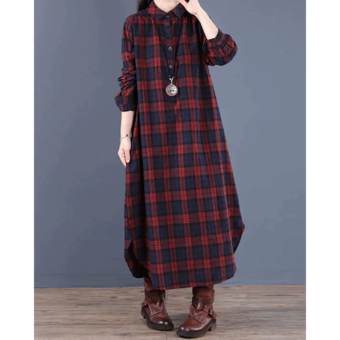 Damen Langärmeliges kariertes Hemd Kleid | Maxi