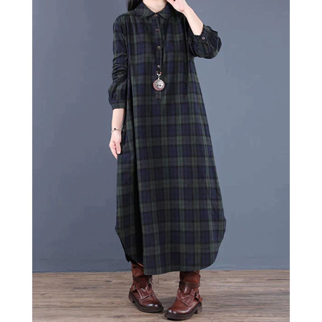 Damen Langärmeliges kariertes Hemd Kleid | Maxi