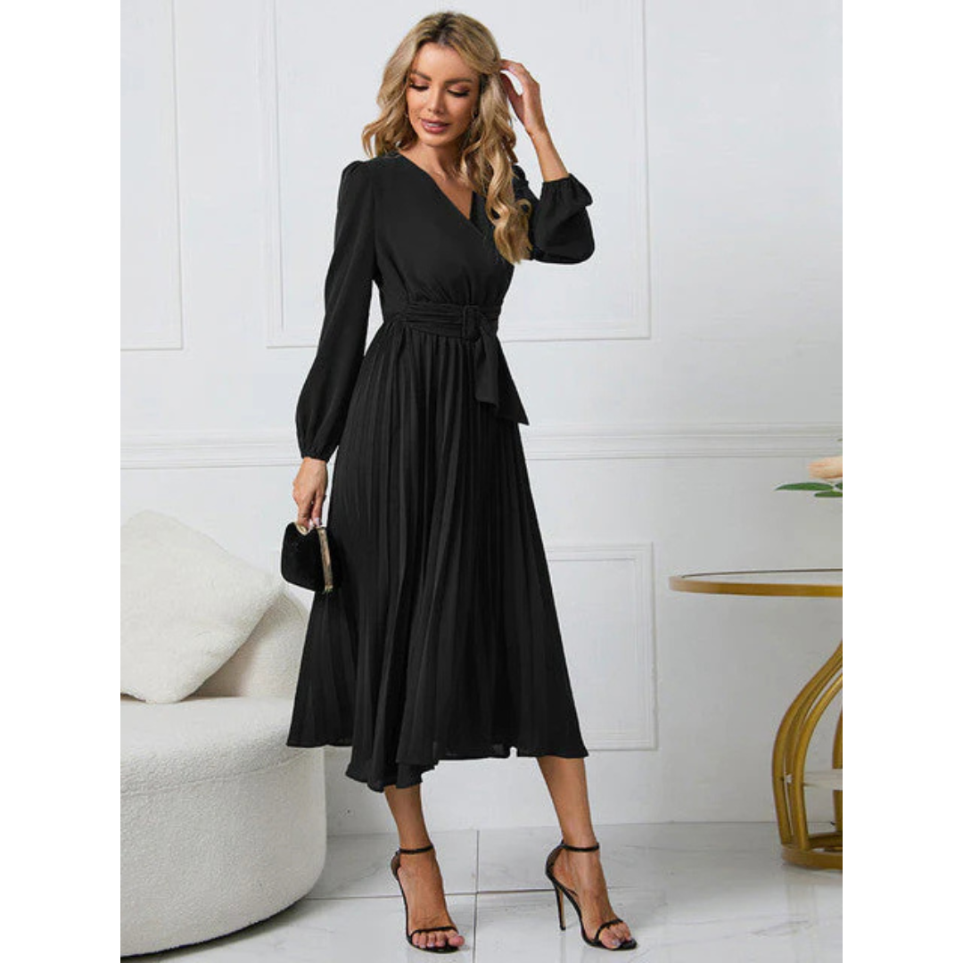 Damen V Ausschnitt Plissierter Taillengürtel Kleid | Midi