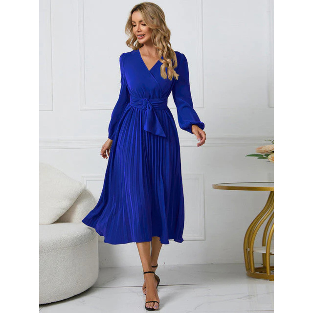 Damen V Ausschnitt Plissierter Taillengürtel Kleid | Midi
