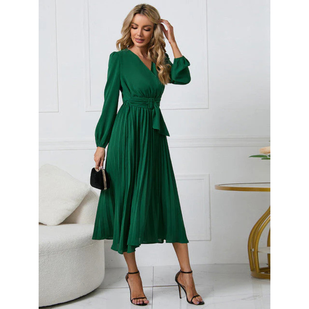 Damen V Ausschnitt Plissierter Taillengürtel Kleid | Midi