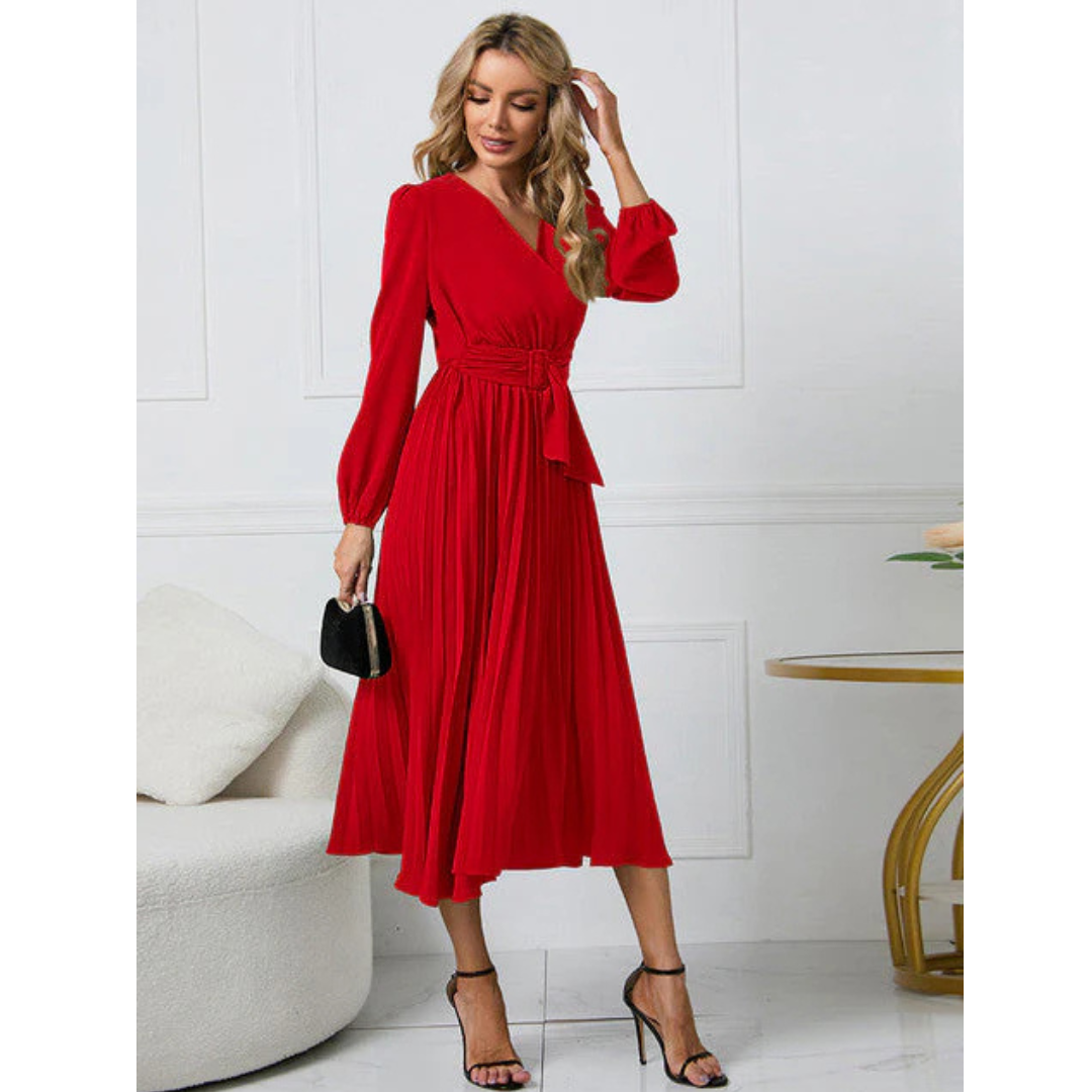Damen V Ausschnitt Plissierter Taillengürtel Kleid | Midi