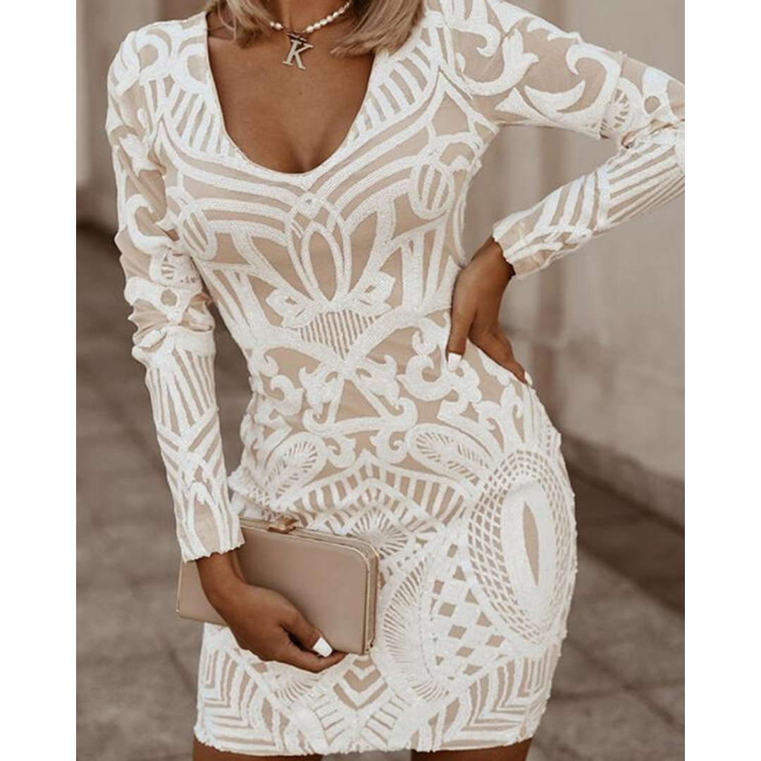 Damen V Ausschnitt Bodycon Langarm Kleid | Mini