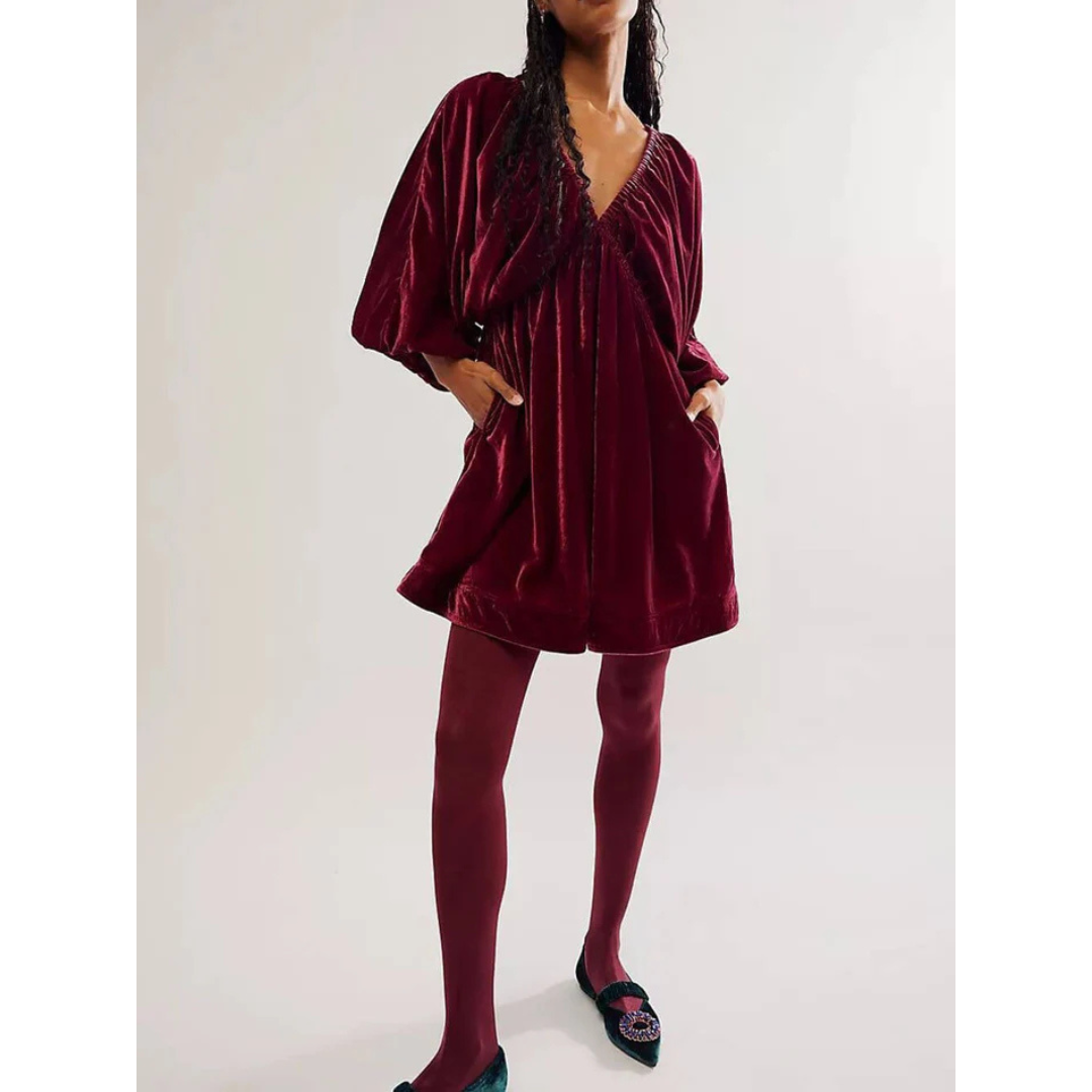 Damen V Ausschnitt Puffärmel Winterkleid | Mini
