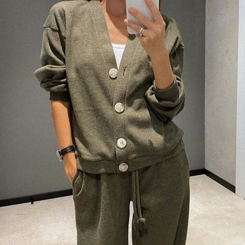 Mattea™ - Zweiteiliges Set aus gestrickter Button-Down-Jacke und Hose für Damen